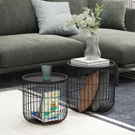 Table basse gigogne 2 pièces ronde en acier noir avec rangement, sans montage DESVIAE (1/5)