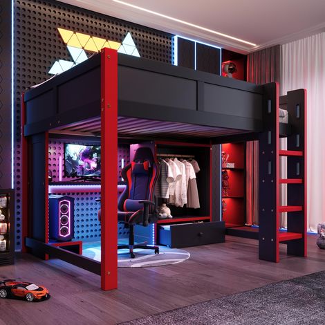 Lit mezzanine 140x200cm avec éclairage LED, lit gaming avec bureau, échelle, armoire, grands tiroirs, matelas non inclus, noir et rouge., garantie 2 ans