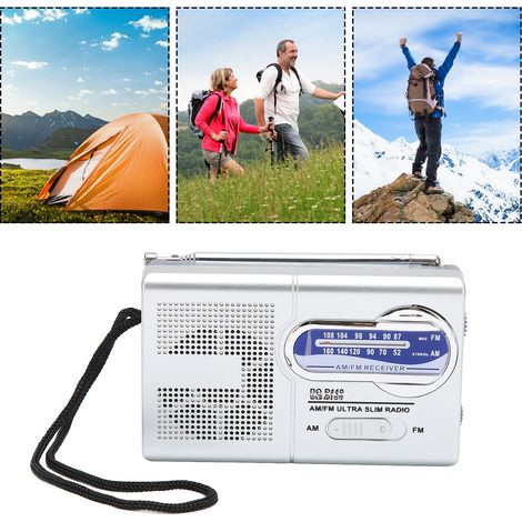 Radio portátil multifuncional AM/FM de color gris plateado, funciona con pilas, ideal para senderismo, ciclismo y viajes. (1/5)