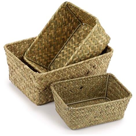 Panier de rangement en jonc de mer, panier de rangement rectangulaire tissé à la main, ensemble de trois pièces (1/4)
