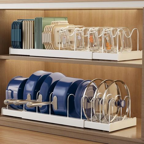 2 Pièces Rangement Casserole Cuisine, Extensible Range Couvercle avec 9 Séparateurs Réglables, 32-57CM Porte Support Couvercle Casserole, Rangement Poele et Casseroles Placard (Blanc) (1/5)