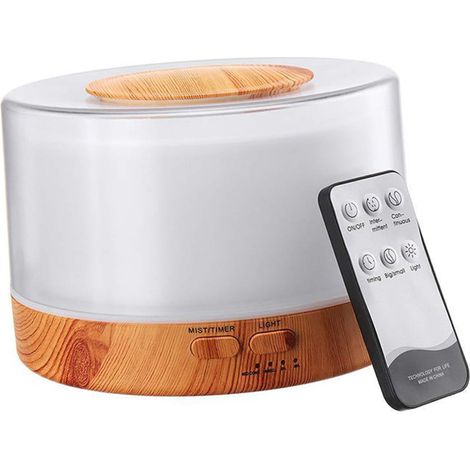 Humidificateur d'air ultrasonique 500 ml, diffuseur d'huiles essentielles, lampe colorée, télécommande, minuterie, double mode de diffusion, diffuseur d'arômes pour aromathérapie, brumisateur (1/2)