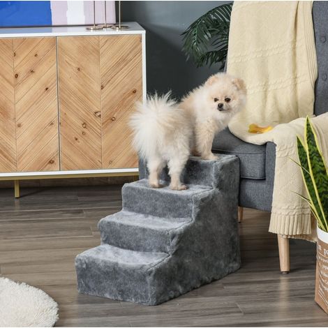 Escalera para mascotas (60x35x44 cm), 4 peldaños, para sofá y cama, desenfundable, felpa, gris claro (1/5)