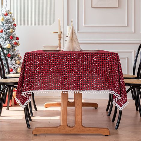 Nappe De Table - Motif Flocon De Neige Et Carreaux - Pour Table Basse Ou Commode - 100 X 160 Cm - Rouge - 1 Pièce (1/5)