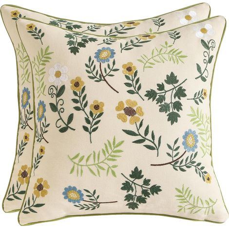 Set mit 2 bestickten Kissenbezügen (45 x 45 cm) – Baumwollkissenbezüge mit blau-gelbem Blumenmuster – Für Sofa, Schlafzimmer, Wohnzimmer, Auto oder Sessel