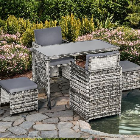 Mobilier de jardin en rotin coloris gris 120 x 60 x 75 cm (1/5)