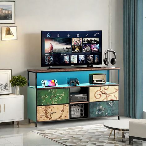 Meuble TV LED, structure métallique, table TV avec 4 tiroirs et compartiments ouverts, meuble de salle à manger pour salon, chambre, support réglable, tiroir à vêtements, coloré (108 x 30 x 77 cm) (1/5)