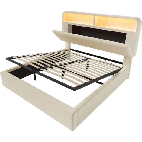 Doppelbett 160x200 cm aus beigem Samt mit verstellbarem Kopfteil, LED und USB Type-C (1/5)
