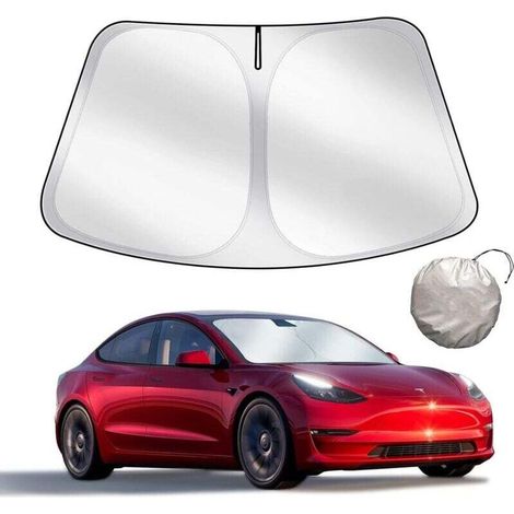 Parasol plegable para Tesla Model 3/Y (actualización 2025) – Parabrisas delantero, tejido opaco de doble capa, con bolsa de almacenamiento – Accesorio para Tesla Model 3/Model Y 2019-2025 - Crezuo (1/4)