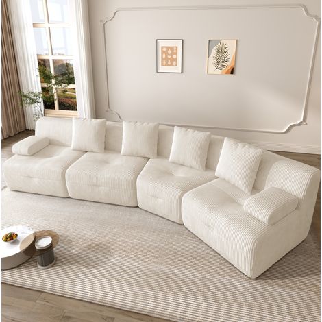 Sofá modular 4 plazas en tejido pana, 4 módulos, 311 x 90 x 65 cm, beige claro DESVIAE (1/5)