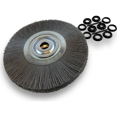 Brosse circulaire NYLON Abrasif  Ø 300 mm  Epaisseur 2 rangs  Carbure de silicium Grain 240  Alésage 32 mm + réducteur bague 25/22/20/16/12 mm  Touret meuleuse ponceuse  Kibros 231302KR240 (1/5)