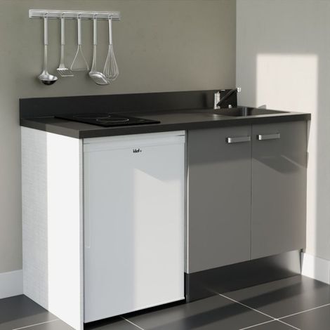 Kitchenette K17L - 140 cm - plan monobloc évier intégré Nero- évier à droite - Façades Gris + Electroménager inclus coloris Blanc