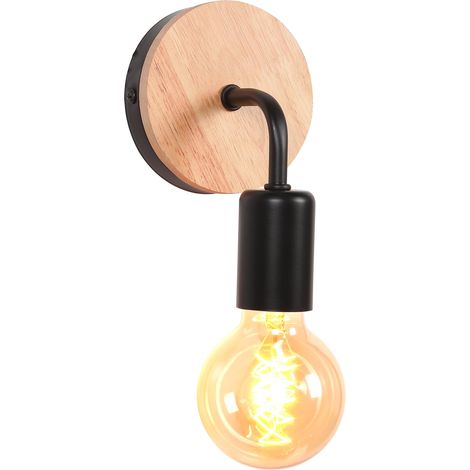 Applique Murale Industrielle Rétro Métal et Bois - Lampe Murale Fer E27 pour Intérieur Chambre Salon Escalier Couloir (Modèle A, Noir) (1/5)
