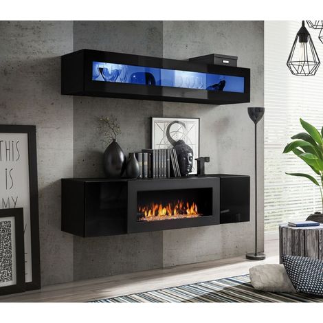 Ensemble mural - FLY N - 1 rangement mural LED - 1 meuble TV - Noir - Modèle 1 - Livraison gratuite