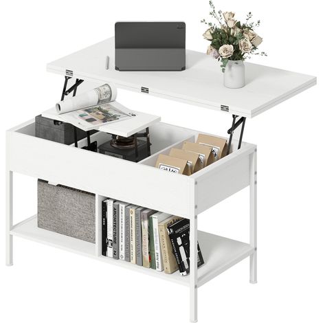 Table basse relevable et extensible, table de salon avec compartiment caché étagères ouvertes, 98x49x55cm, blanc (1/5)