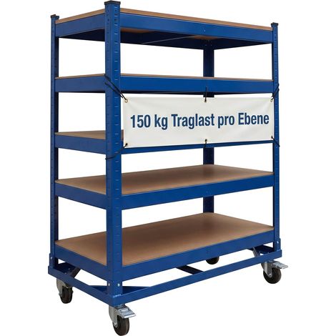 Relaxdays Etagenwagen, 5 Ebenen, Rollen & Bremse, Bis 750 kg, HBT: 110x90x45 cm, mobiler Werkstattwagen, Stahl, blau