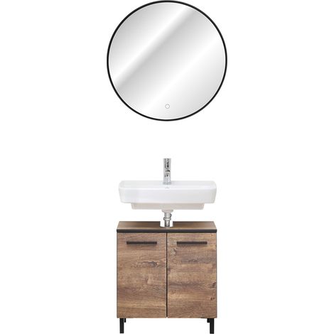 Set Waschbeckenunterschrank und runder LED Spiegel MURCIA-66 in Eiche Ribbeck quer Nb. mit schwarzen Kanten, B/H/T: ca. 60/200/33 cm (1/5)