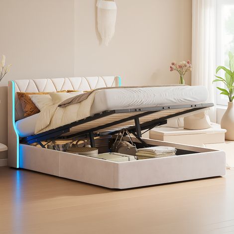 Polsterbett 160x200 cm mit LED-Beleuchtung, Doppelbett mit hydraulischem Stauraum, Modernes Jugendbett, Bettgestell mit Kopfteil und Lattenrost, Velour Beige, Ohne Matratze