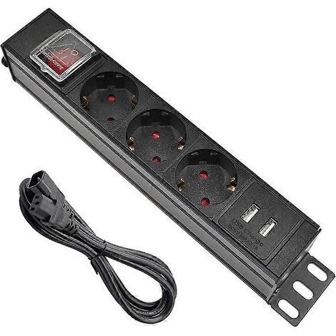 Prise de courant PDU avec ports IEC-C14, 3 positions, cordon d'extension avec disjoncteur, 2 commutateurs USB, prise C14. (1/4)