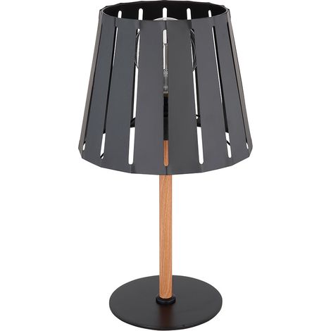 Tischlampe schwarz Leseleuchte Schlafzimmer Tischleuchte Holzoptik 1 Flammig, Metall, 1x E27 Fassung, DxH 25x45 cm