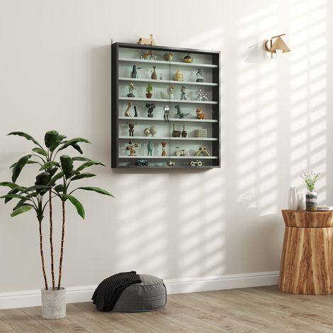 Noir et blanc - Vitrine murale avec 6 étagères réglables, présentoir pour collections, en verre et carton compressé, 80 x 9,5 x 83 cm (1/4)