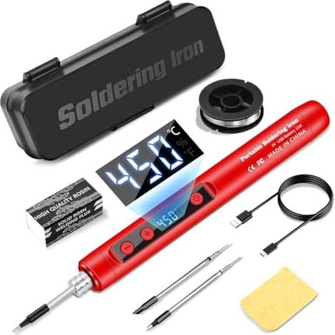 Kit de fer à souder sans fil avec support avec écran LCD, température réglable (180–450 °C) et 3 pannes, Idéal pour la réparation de circuits imprimés et les travaux de soudure - Rouge (1/5)