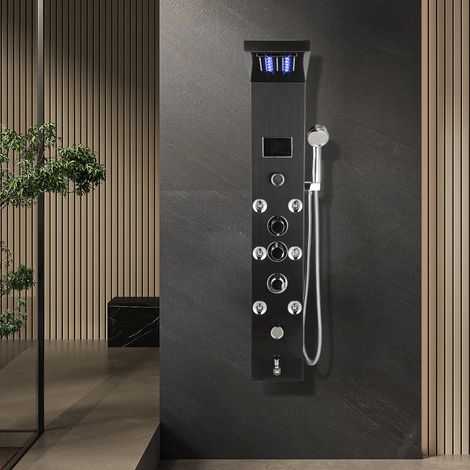 Wolketon Panneau de douche hydromassant noir avec LED et douchette à main