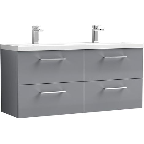 Nuie Arno Satin Grey 1200mm Wall Hung 4 Drawer Vanity Unit with Double Ceramic Basins - ARN2224F (1/2)