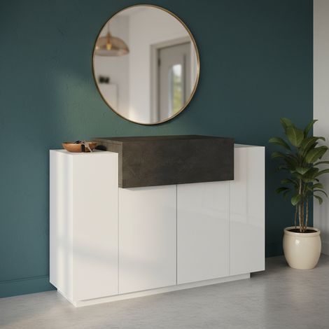 Dmora Zapatero moderno, Made in Italy, con 2 puertas y 1 puerta abatible, Zapatero de entrada, Mobiliario multiusos, 120x45h86 cm, Color Blanco Brillo y Gris Ceniza, con embalaje reforzado (1/4)