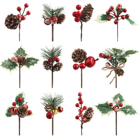12 Pièces Petit Branches de Sapin Artificielles avec Baies et Pommes de Pin de Noël pour Artisanat Cadeaux Emballage Couronnes Guirlandes Hiver Noel Décorations (1/5)