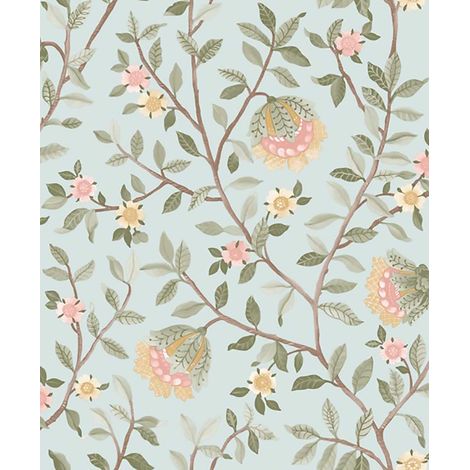 Papier peint fleuri botanique fond bleu glacier (1/2)