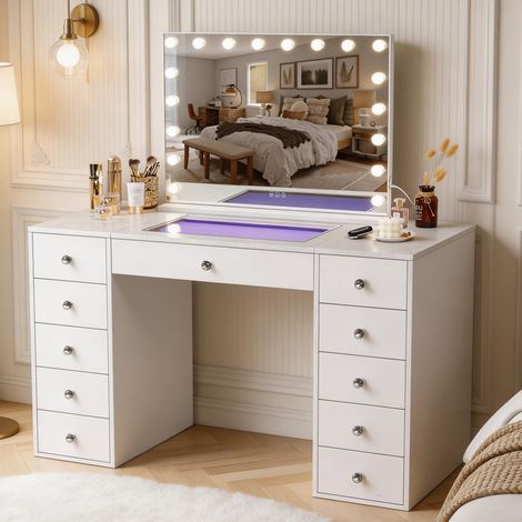 FENCHILIN Toeletta con specchio ingranditore, illuminazione RGB, 11 cassetti e armadio da bagno illuminato 130 cm x 55 cm x 81 cm