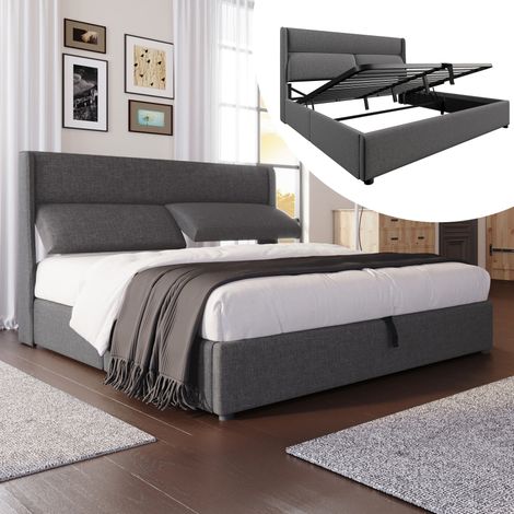 Lit double 140x200 – Appuie-têtes réglables – Hydraulique – Lin – Sommier métal – Gris – Sans matelas (1/5)