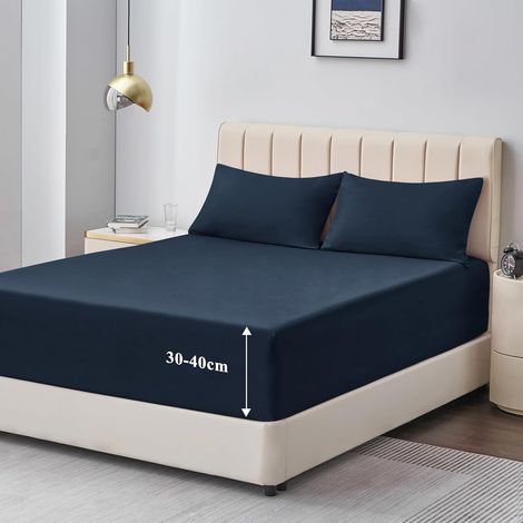 Drap Housse 140x190/200 Grand Bonnet 40 cm - Drap Housse 2 Personnes 140x200/190 Grand Bonnet 40 cm Matelas en Microfibre avec Élastique Tout Autour, Bleu Marin (1/5)