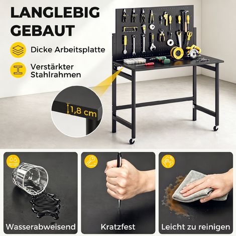 Établi mobile pliable avec panneau perforé, plan de travail épais, cadre en acier, crochets, roulettes, noir (1/5)