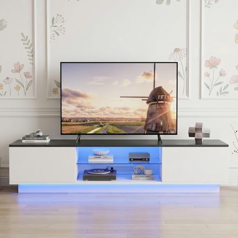 Meuble TV 180, meuble tv avec bande LED intégrée - 2 portes sans poignées et compartiment ouvert, design contemporain - Naturelle