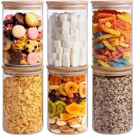 Ensemble de 6 récipients de rangement en verre transparent compatibles avec les organisateurs de garde-manger et les rangements compatibles. Convient pour les biscuits, les pâtes, la farine, le riz, l (1/5)