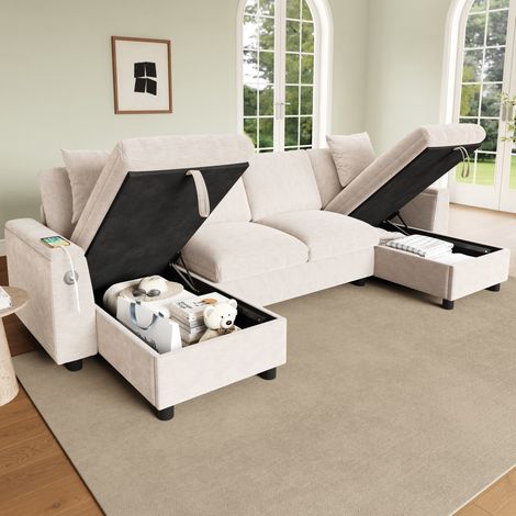 Sofá en U (279x135x84 cm), con espacio de almacenamiento, 1 USB y 1 Type-C, chenilla beige (1/5)