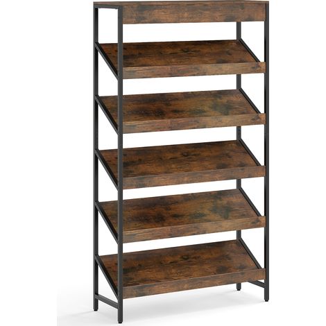 COSTWAY 6 Layer Tall Bookshelf with Slant Design Heavy Duty Metal Frame Storage Brown (1/5)