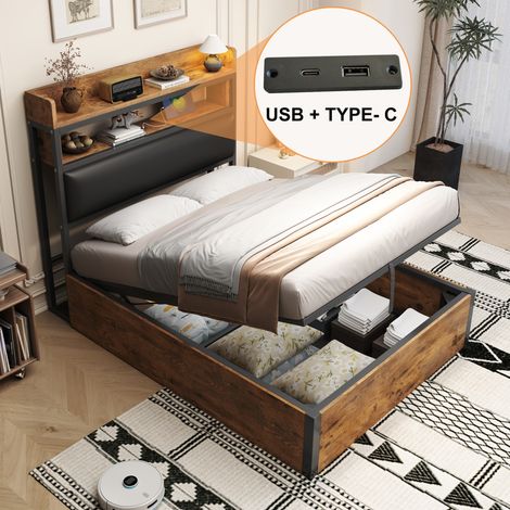 Cama con almacenaje para adultos de 90x200 cm, hidráulica, con cabecero acolchado y puerto USB, de MDF, colchón no incluido, color marrón