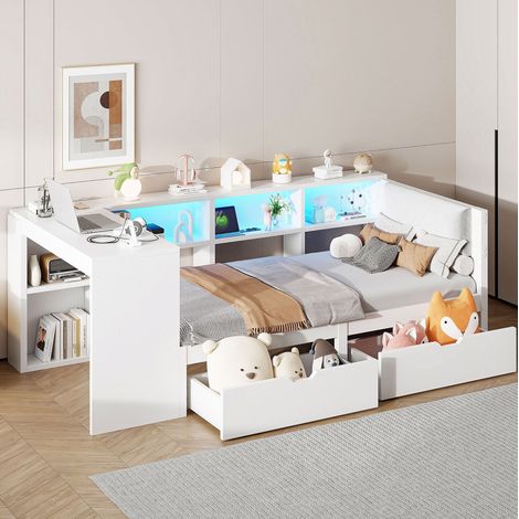 Bett modern 90x200 cm Weiß aus MDF und Sperrholz mit gepolstertem Kopfteil, 2 Schubladen, Ablagen, USB und LED (1/5)