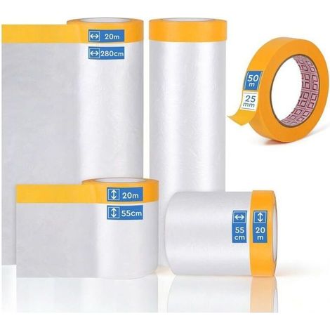 4 Rouleaux de Bache Protection Peinture avec Ruban Masquage Adhésif 280 cm x 20 m x 1, 150 cm x 20 m x 1, 55 cm x 20 m x 2 de Film de Masquage et 1 Masking Tape 25 mm x 50 m (1/5)