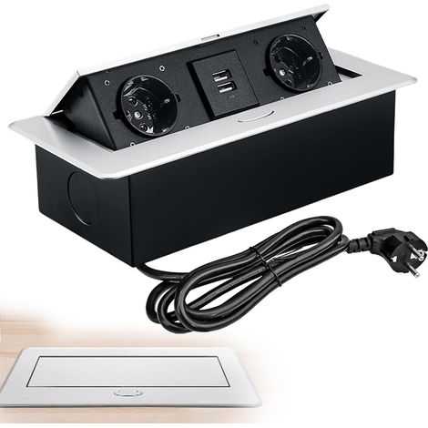 Prise encastrée avec 2 prises de courant et 2 ports USB, câble de 1,5 mètre, idéale pour les plans de travail, les bureaux, couleur argent. (1/5)
