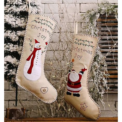 Traditioneller Weihnachtsstrumpf – 2 bestickte Jute-Geschenktüten für Süßigkeiten – Hängesocken zur Partydekoration (1/3)