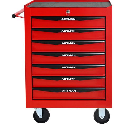 Coffre à outils roulant métal 7 tiroirs glissières à billes, armoire pliable organisateur rangement acier rouge noir