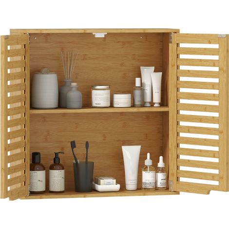 Pensile Bagno con Ripiano Interno Regolabile e Ante a Persiana, in Bambù, 60x20x60 cm, color Legno (1/5)