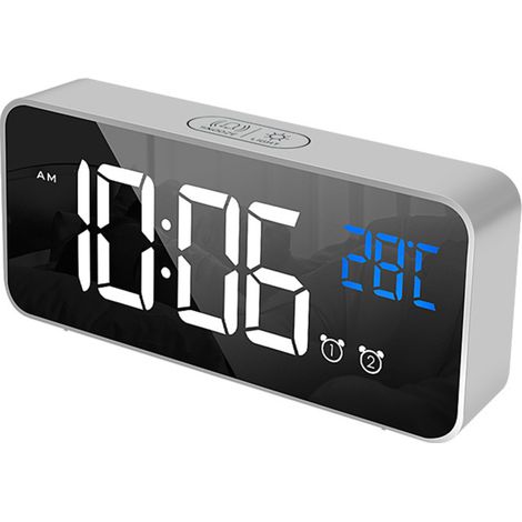 LED-Wecker, Thermometer, 2 Alarme, Schlummerfunktion, 4 Helligkeitsstufen, Spiegel, USB, für Nachttisch/Schreibtisch.