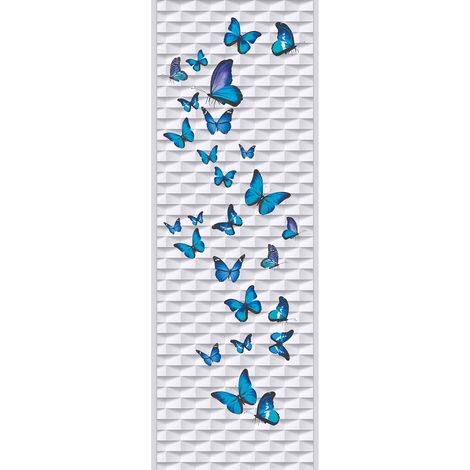 Papier peint panoramique 3D géométrique avec papillon | Tapisserie panoramique blanche & bleu motif papillon | Papier peint panoramique pour escalier - 280 x 100 cm (1 pièce) (1/2)