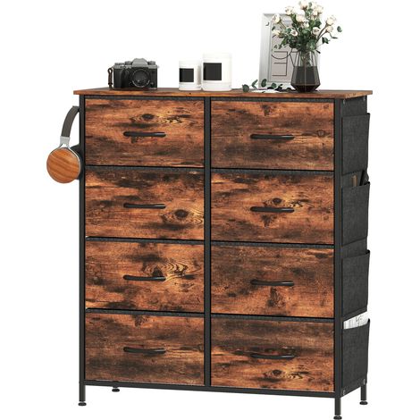 Commode en Tissu 8 Tiroirs, 4 Poches et 2 Crochets, Rangement Chambre, Salon et Bureau, Brun Rustique (1/5)