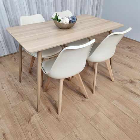 Dining Table and 4 Chairs Wood Effect 4 Cream Plastic Leather Chairs Dining Set (1/5)